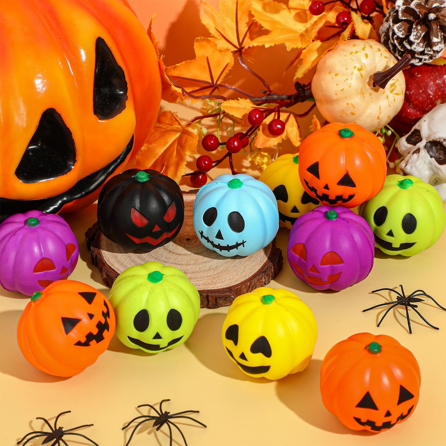 Libima 50 Pcs Halloween Pumpkin Stress Balls Bulk Colorful Stress Relief Ball Mini Foam Squeeze Ball Party Favors Toy with Storage Bag for Halloween Party Bag Filler School Carnival Reward
