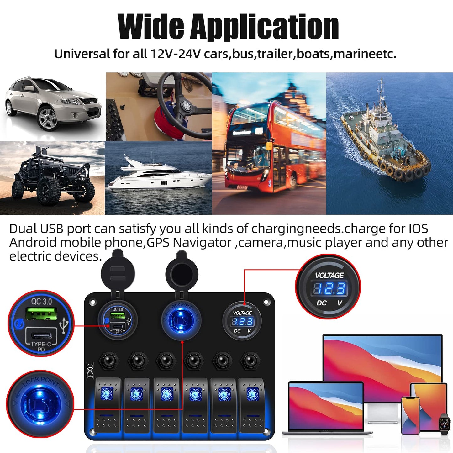 FXC Waterproof Marine Boat Blue Rocker Switch Panel 6 Gang with USB & Type-C Charger Slot Socket + Cigarette Lighter +LED Voltmeter with Overload Protection Circuit Breaker for Car Rv Vehicles Truck