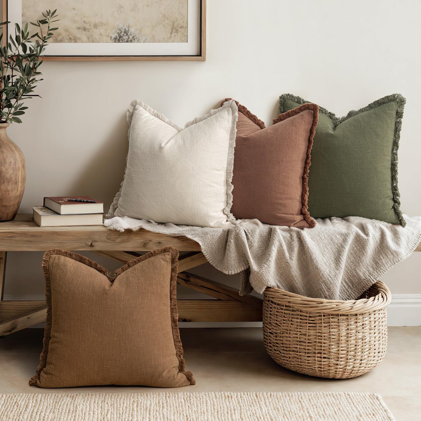 MIULEE Fall Decorative Couch Pillow Covers Neutral Linen Fringe Throw Pillows Set of 4 Soft Rustic Cushions Boho Farmhouse Pillowcases for Bed Sofa Living Room Home Decor 18x18 Inch Beige/Brown/Green