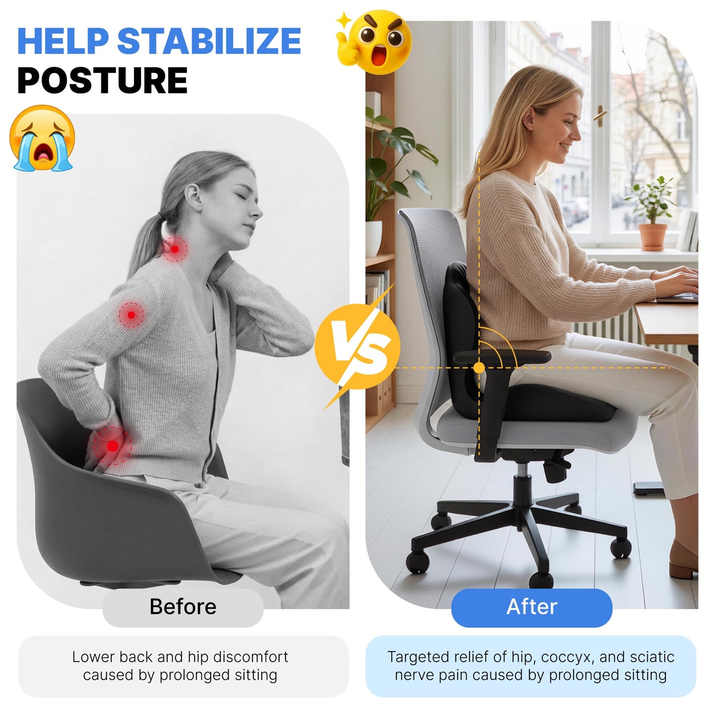 Ergonomic Seat Cushion, Office Chair Seat Cushions with L-Shaped Design, Memory Foam Orthopedic Cushion with Coccyx Hollow, Lumbar Support & Tailbone Pain Relief for Car, Truck, Gaming Chair (Black)