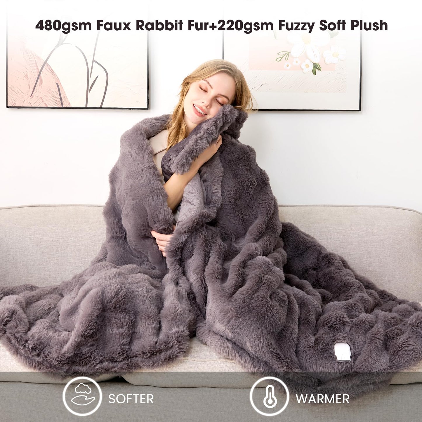 Fotgear Heated Blanket Electric Throw - Soft Cozy Faux Fur Bubble Electric Blankets with 6 Time Settings, 8 Heating Levels, Fast Heating & Overheat Protection, Machine Washable (59" x 79", Gray)