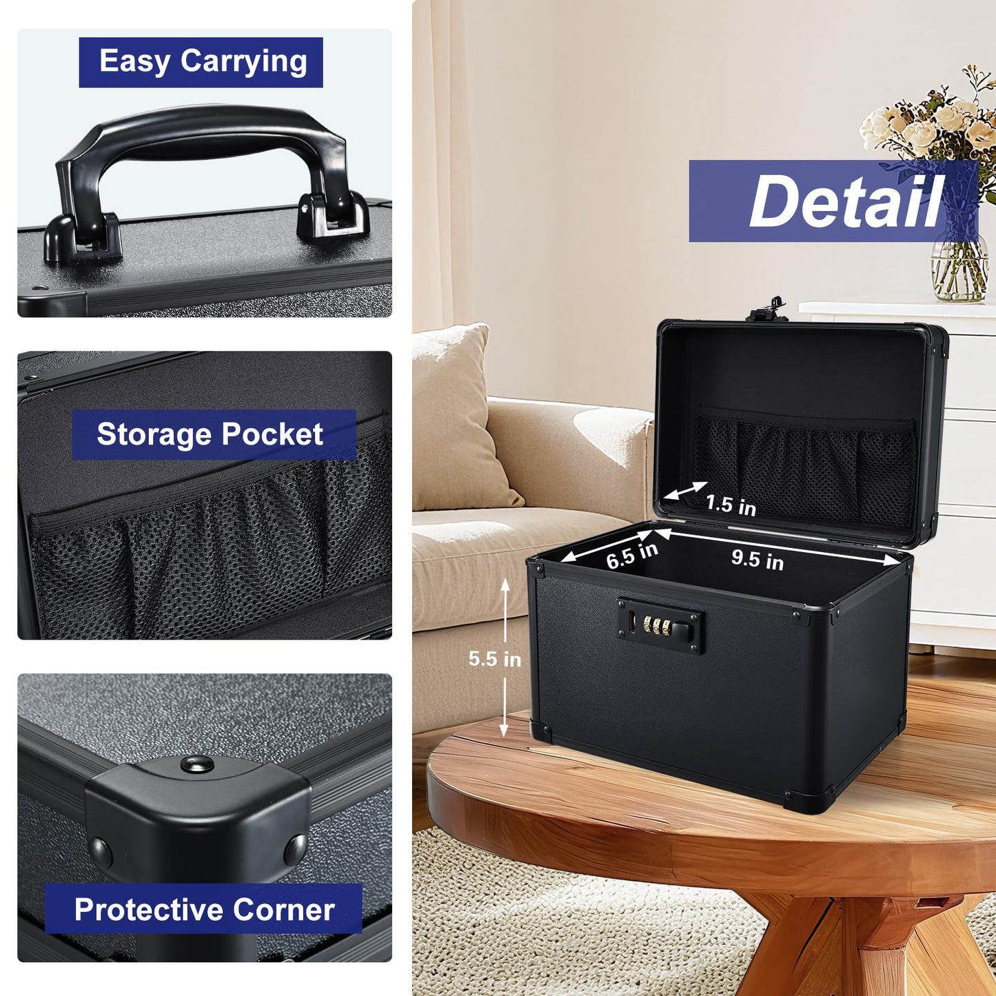 Lockable Security Storage Box - Shiny Black Safe Combination Lock Box, Cabinet Med Organizer, 10 x 7 x 7.9 Inches Safe Case for Documents, Valuables, Medicine & Money