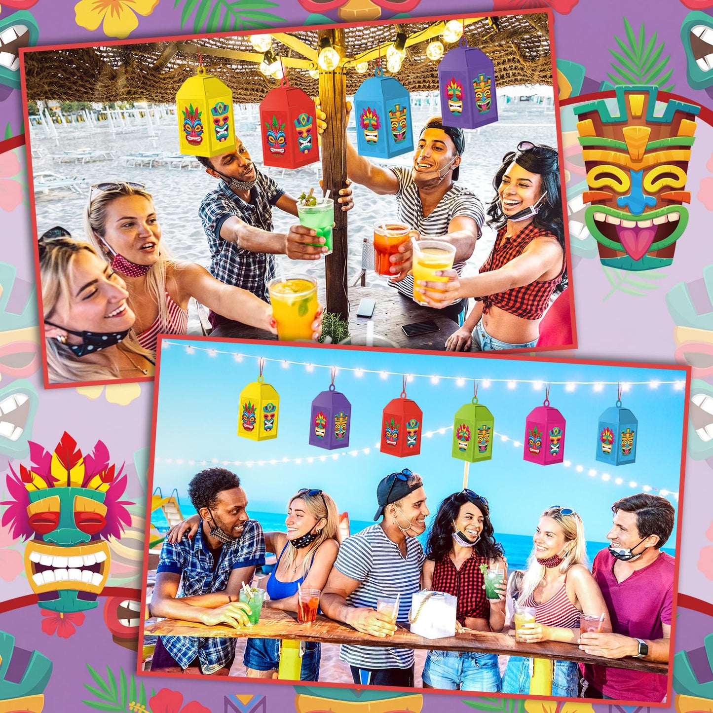 Simgoing 24 Sets Tiki Crafts with LED Candle Light Hawaii Party Decors Tiki Tissue Paper Crafts Kits DIY Your Own Tropical Totem Box Lanterns Hanging for Home Summer Luau Themed Art Party Decorations
