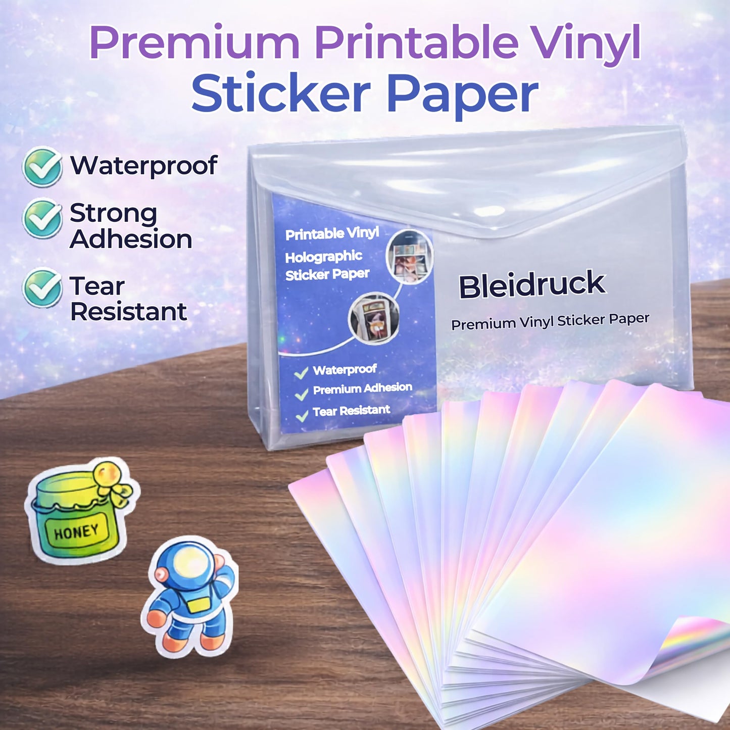 100 Sheets Holographic Sticker Paper 8.5x11 Inch Printable Waterproof Sticker Labels Rainbow Vinyl Sticker Paper for Inkjet or Laser Printer
