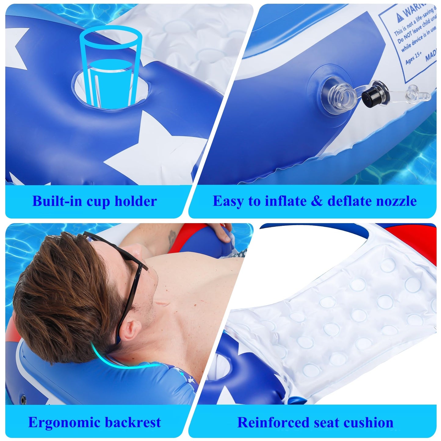 SEETOHOME 3 Pack Pool Floats Chair Adult with Drink Holder, Inflatable Floating Pool Chairs for Adults Swimming Pool Party Lake River Summer Water Fun