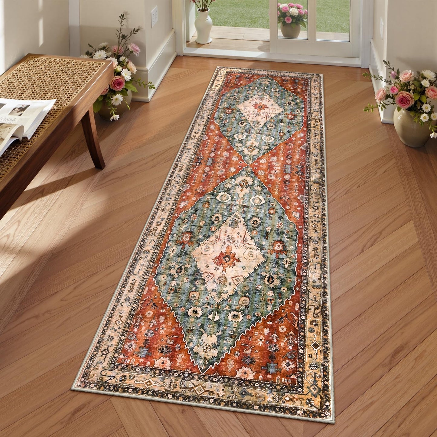 Lahome Boho Tribal 2x5 Kitchen Runner Rugs Non Skid Washable, Soft Runners for Hallways, Oriental Long Bathroom Floor Throw Carpet Runner for Entryway Laundry Room Bedroom (Rust/Dull Teal,2x5ft)