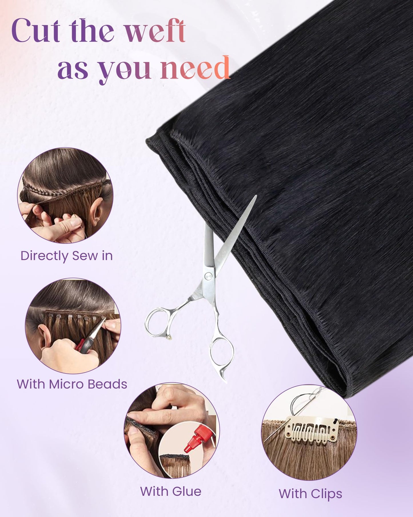 LaaVoo Sew in Hair Extensions Real Human Hair Double Weft Hair Extensions Sew in Black Women Human Hair Weft Extensions Jet Black 18 Inch 100g
