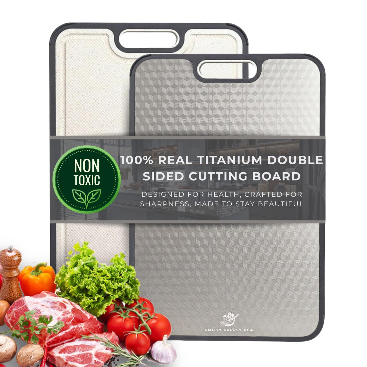 15.5 x 10 Inch Titanium Cutting Board for Kitchen, Double Sided Pure Titanium & Wheat Straw Chopping Board, Non Toxic Metal Cutting Board with Juice Groove, Non Slip Base, Scratch Reduction Mesh