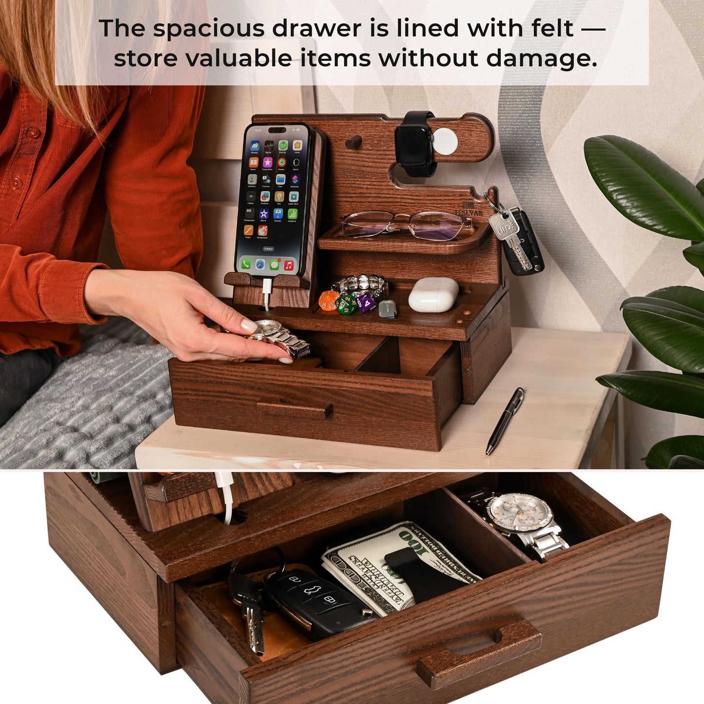 TESLYAR Wood Phone Docking Station with Drawer - Nightstand organizer- Desk Organizer for Husband - Birthday gifts for Men or Dad - Idea for Anniversary - Key Holder Stand Watch & Accessories (Brown)