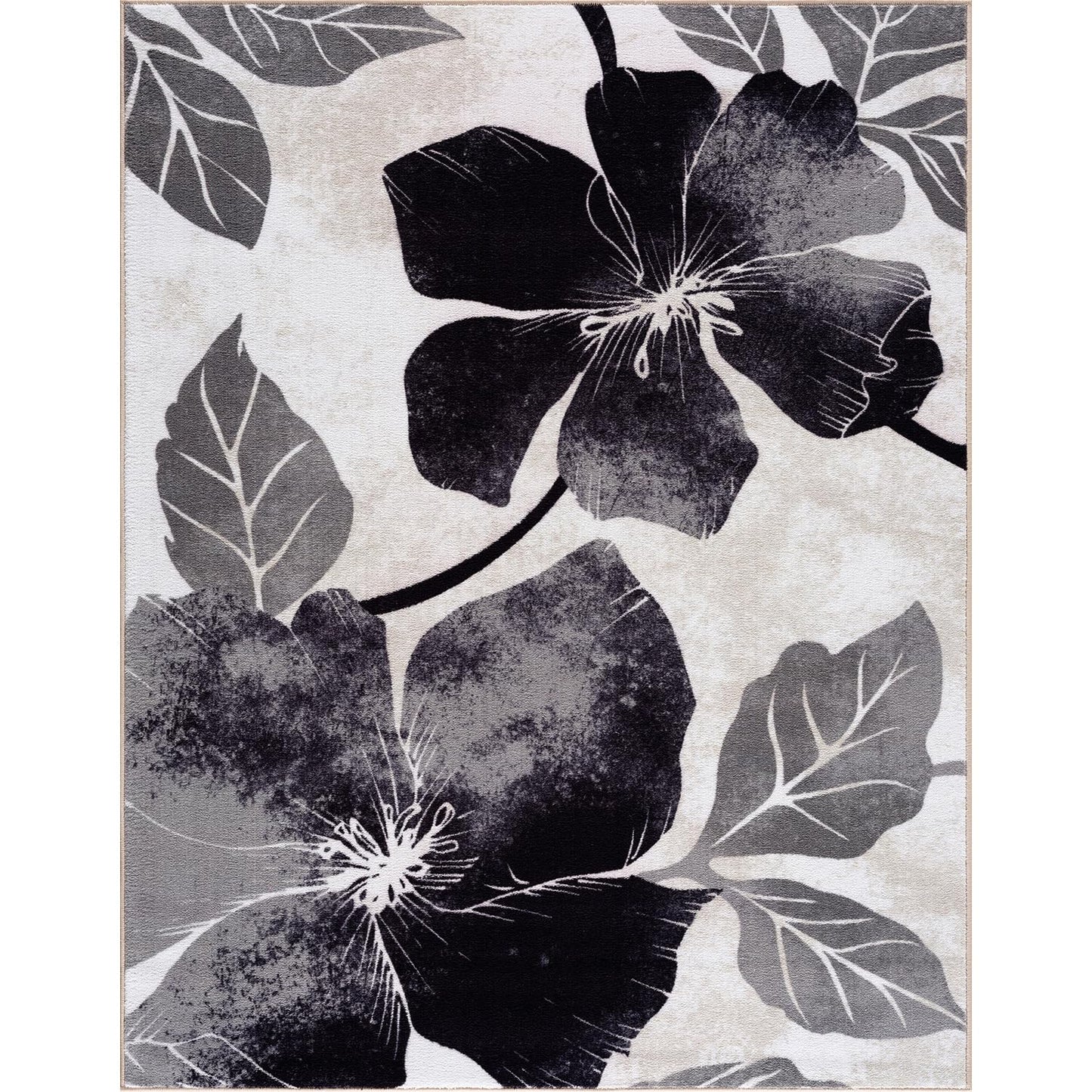 CAMILSON Solana Modern Floral 4x6 Rug Non-Skid (Non-Slip) Rubber Backing Flowers Leaf Soft Non Shedding Easy Cleaning for Living Room Bedroom Kitchen Indoor Area Rugs Carpet (4 x 6, Black Grey)