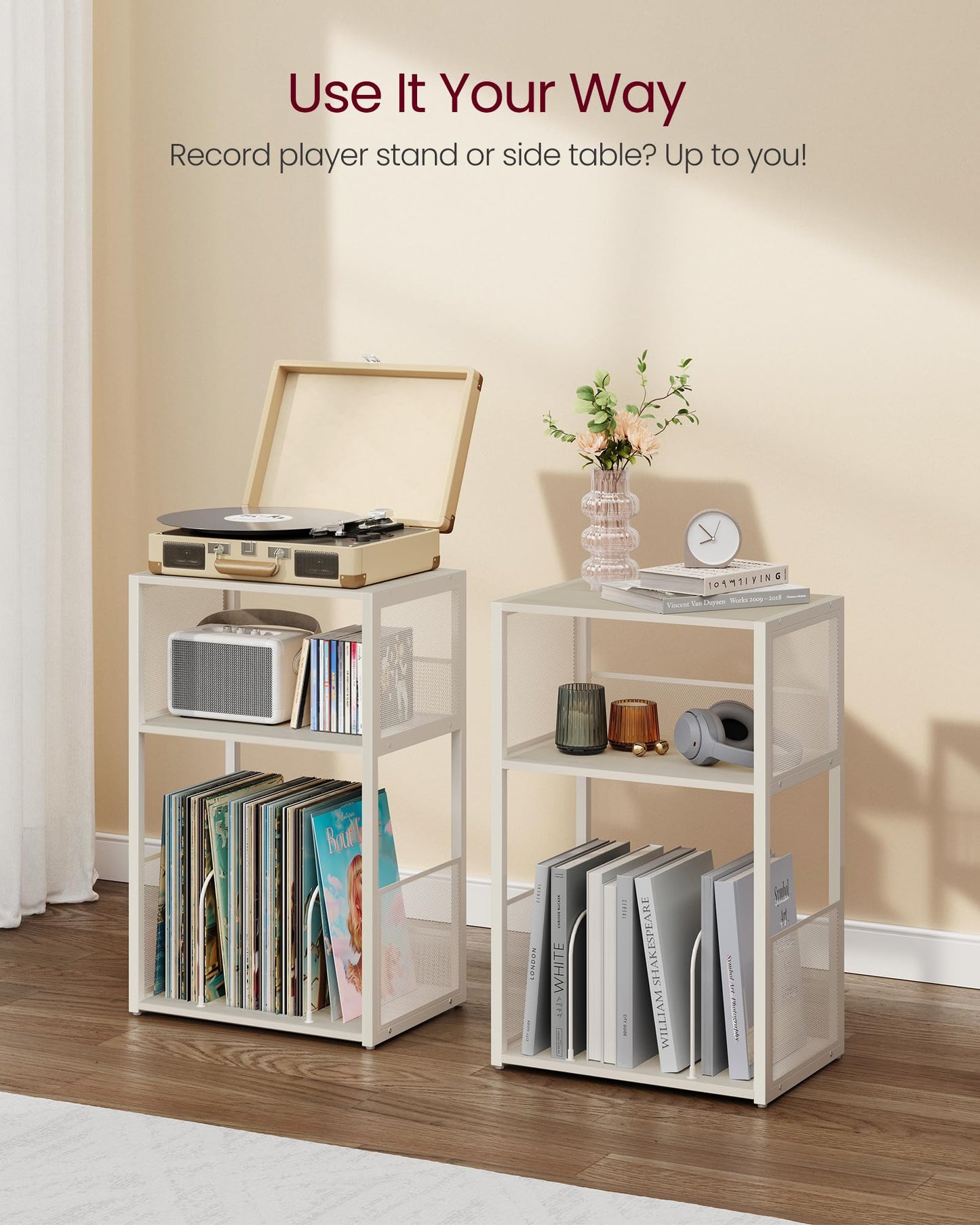 VASAGLE Record Player Stand, 3-Tier Side Table, Vinyl Record Storage up to 100 Albums, End Table for Living Room, Bedroom, Rustic White ULET275W01