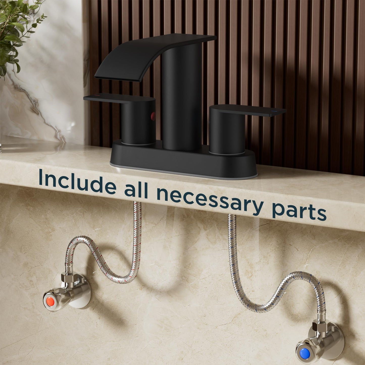 FORIOUS Matte Black Bathroom Sink Faucet, Waterfall 4 Inch Centerset Bathroom Faucets with Metal Pop up Drain and cUPC Hose for Basin,Vanity, Rv, Lavatory 2 or 3 Hole Sink