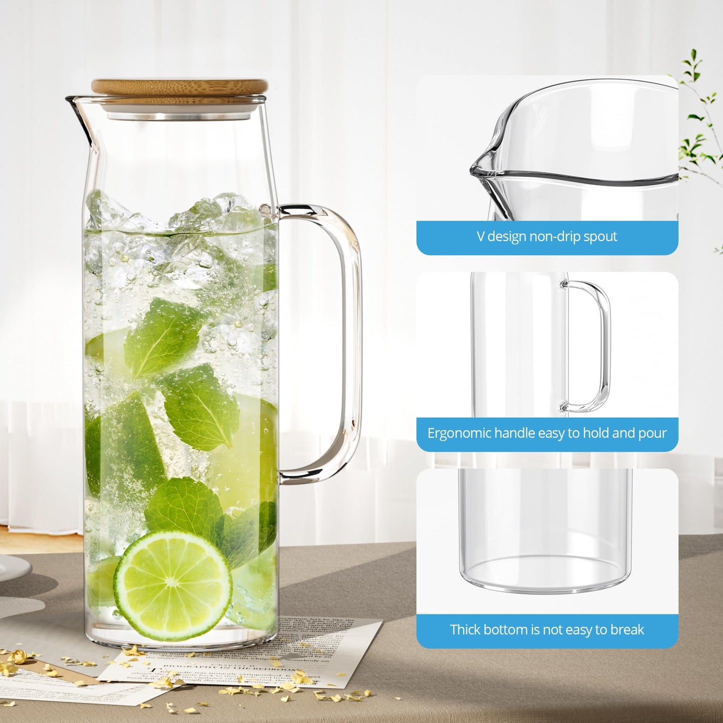 3 Sets Glass Pitcher with Lid, 50 oz / 1500 ml Water Carafe with Handles Hot Cold Beverage Water Jar Glass Jug (Bamboo lid)