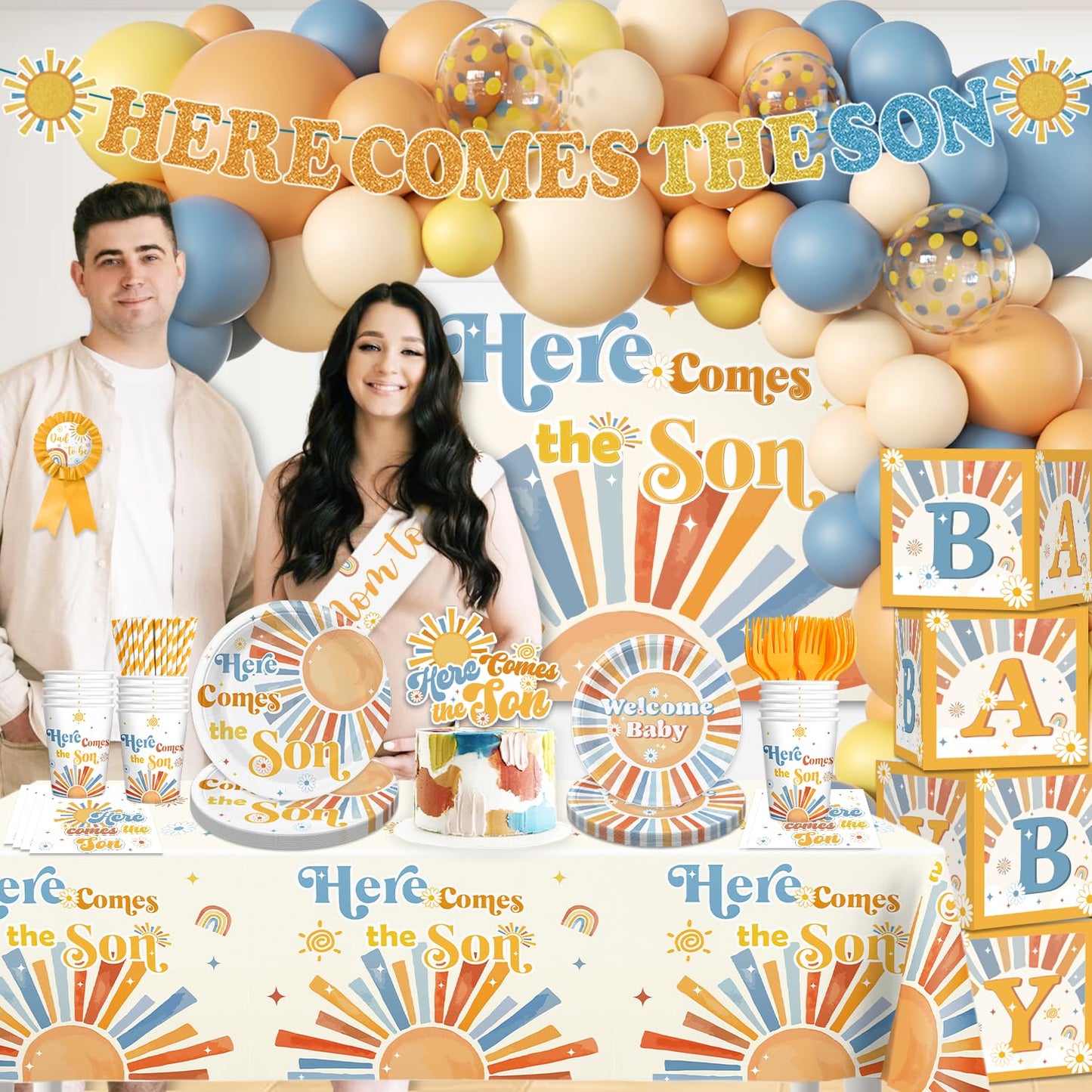 Here Comes The Son Baby Shower Decor, Retro Sun and Sunshine Themed Baby Shower Decorations Boy Boho Retro Baby Boy Shower Decor Oh Boy Shower Party Supplies