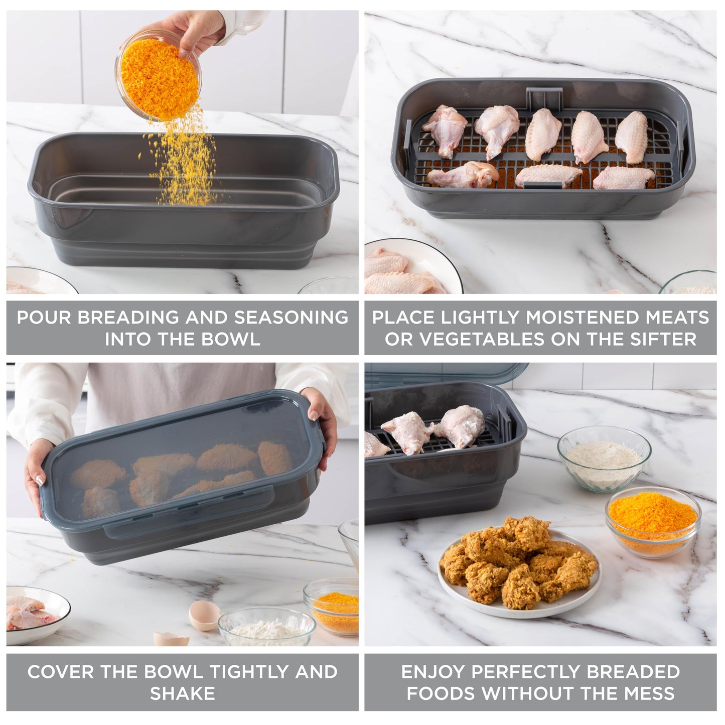 COOK WITH COLOR Collapsible Batter Bowl - Mess Free Breading Shaker Container - Great for Fried Fish, Fried Chicken, Onion Rings, Wings & More, Gray