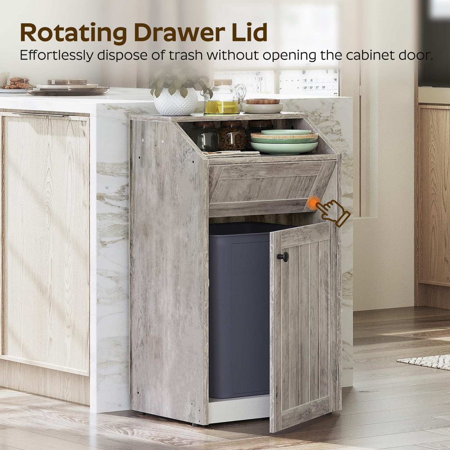 Trash Cabinet, Freestanding Trash Can Cabinet, Wooden Recycling with Flip Door, Hidden Kitchen Garbage Can, 10 Gallon Laundry, for Kitchen, Laundry, Greige WB01BG