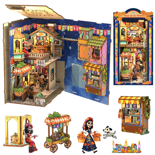 Cutefun DIY Book Nook Kits for Adults Mexican Art and Culture, Decorative Bookends for Bookshelf with LED Light & Dust Cover, 3D Wooden Puzzle Booknook for Teens Creative Gifts (Plaza de Los Muertos)