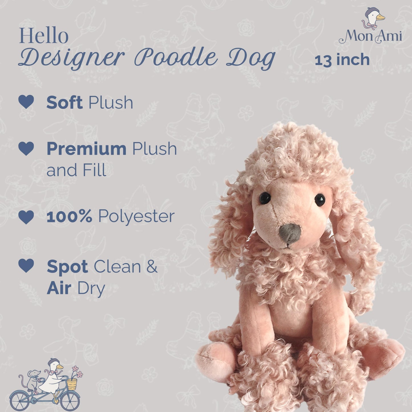 Mon Ami Designer Doll Plush Poodle Dog, Fun Adorable Soft and Cuddly Stuffed Toy Animal for Little Girls or Boys, Baby, Toddlers and pre-School Kids |Perfect Party Favor & Birthday Gifts| Pink, 13"