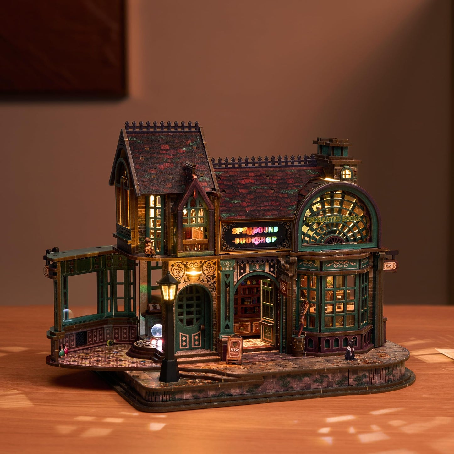 FUNPOLA 3D Wooden Puzzle Magic Bookstore with LED Lights - DIY Miniature Kit, Spellbound Bookshop, Home Décor Display, Creative Gift for Adults and Teens