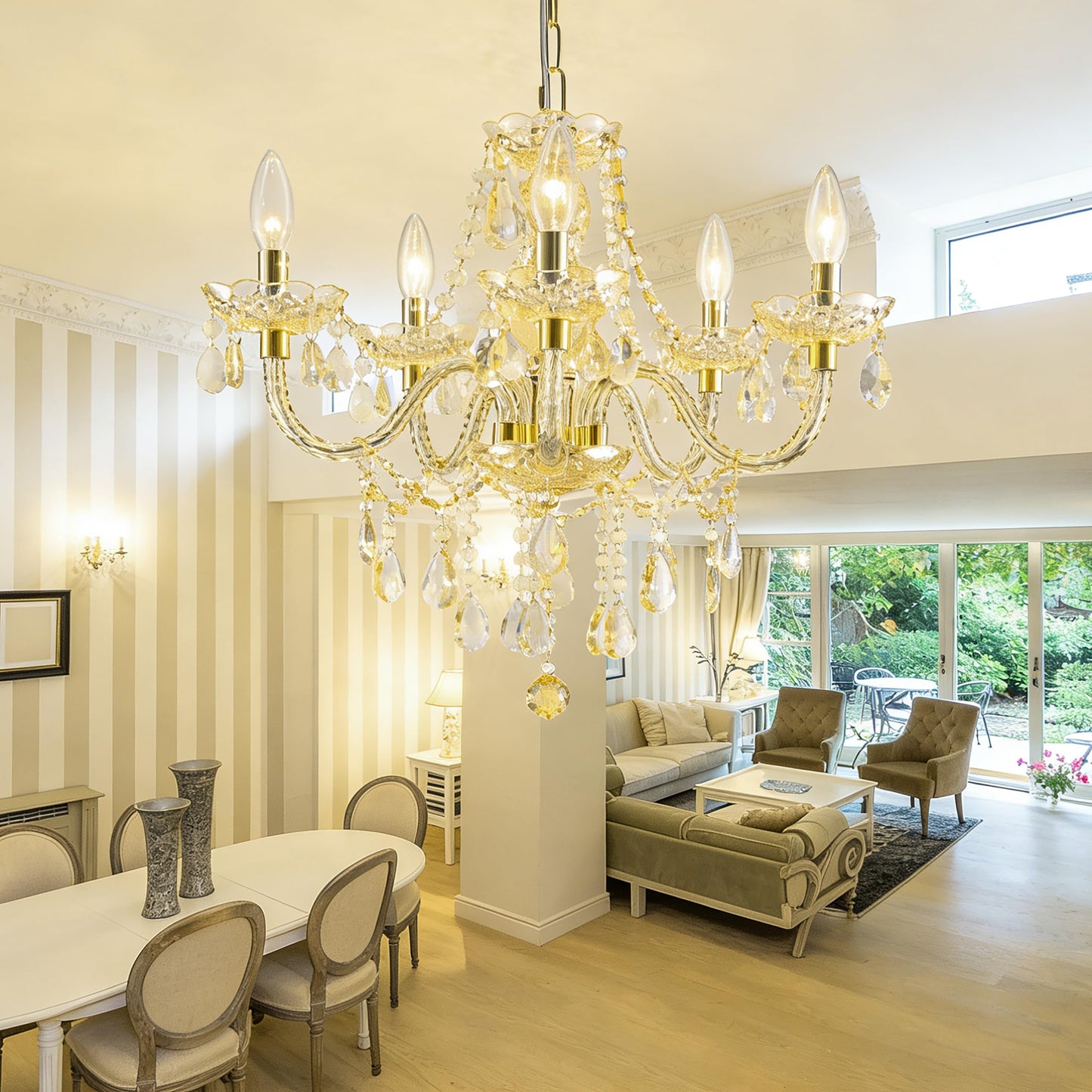 PAPAYA Plug-in 5 Light Gold Crystal Hanging Pendant Lights Acrylic Chandelier with Cord & On/Off Switch H19 D19.7 for Kitchen Island Girls' Room Dining Area Laundry Pavilion