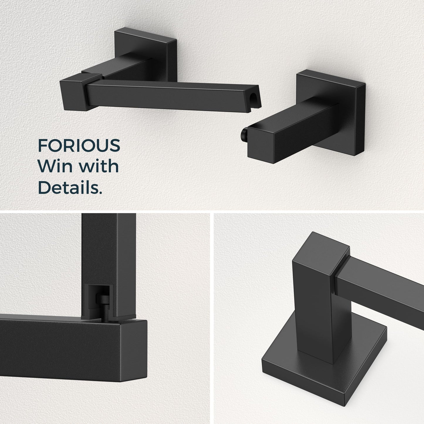FORIOUS Toilet Paper Holder Set Wall Mount, SUS 304 Stainless Steel Pivoting Toilet Paper Holder and Towel Ring, Hand Towel Holder Set for Bathroom, Square Bathroom Hardware Set, Matte Black