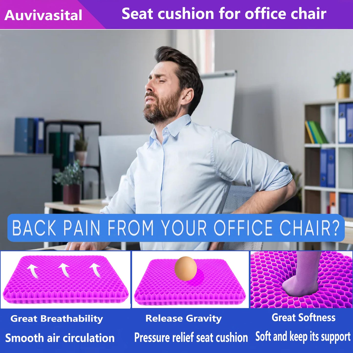 Plus Size Gel Seat Cushion for Long Sitting, Extra Large Cooling Supportive Seat Cushion for Back, Sciatica, Tailbone Pain Relief, Use for The Office, Wheelchair, Car, Recliner, Stadium.(Rose red)