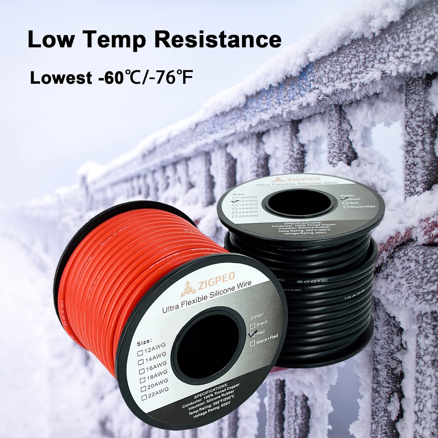 ZIGPEO 12 AWG Silicone Wire 50FT, Extra Flexible 12 Gauge Stranded Copper Wire, High Temp 392℉ 600V - RC, Automotive, Battery | Tinned Copper Conductor - 25FT Red & 25FT Black Spools