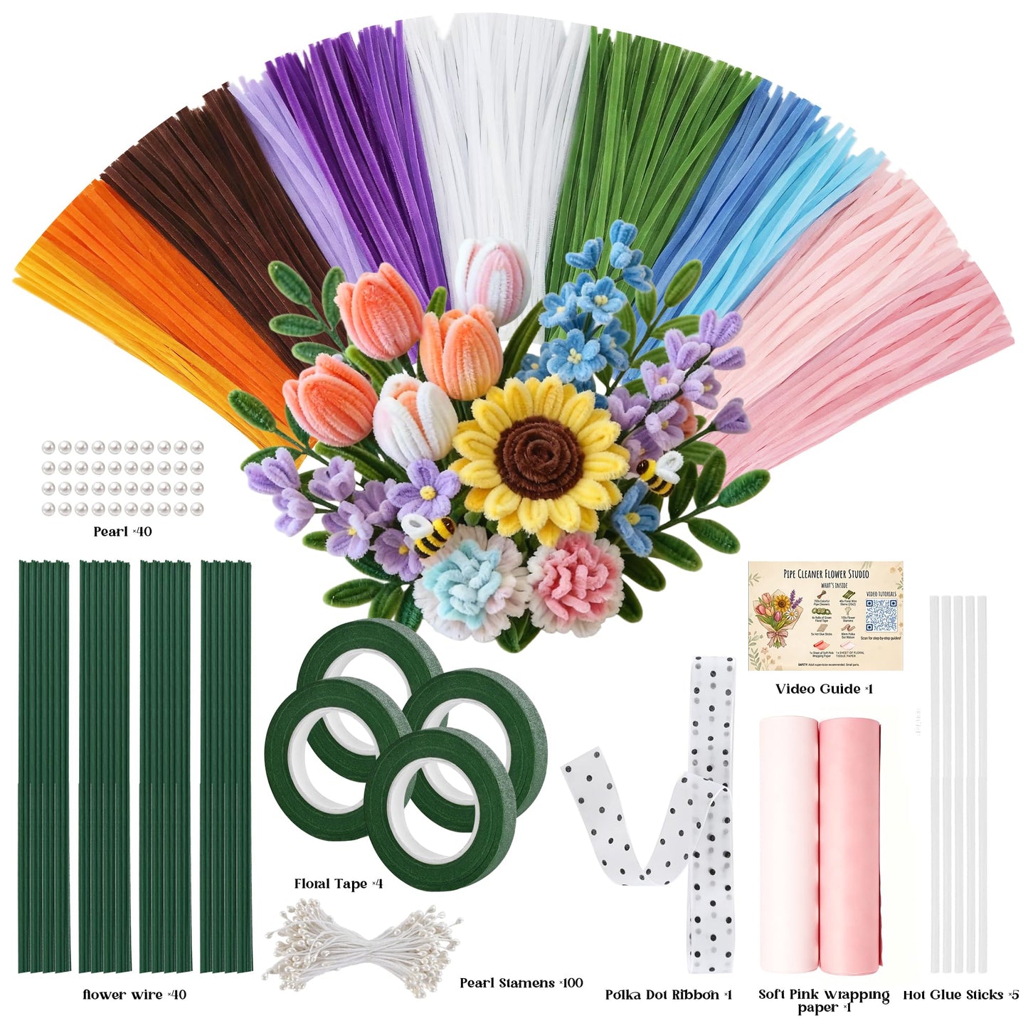 700 Pieces Pipe Cleaner Flower Kit, 12 Colors Chenille Stems Craft Kit with Floral Wire, Tape, Stamen, Ribbon, Pearls & Wrapping Paper, DIY Pipe Cleaner Flowers for Crafts, Gifts, School Projects