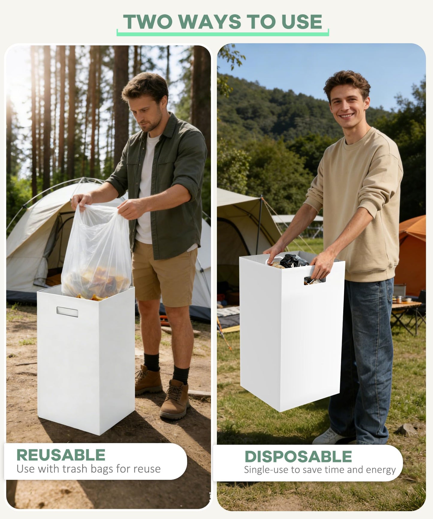 4 Pack Corrugated Cardboard Disposable Trash Cans for Parties, 40 Gallon Collapsible Garbage Cans with Handle, Thick Foldable Bins for Party Events Camping Beach(18" L x 18" W x 30" H), White