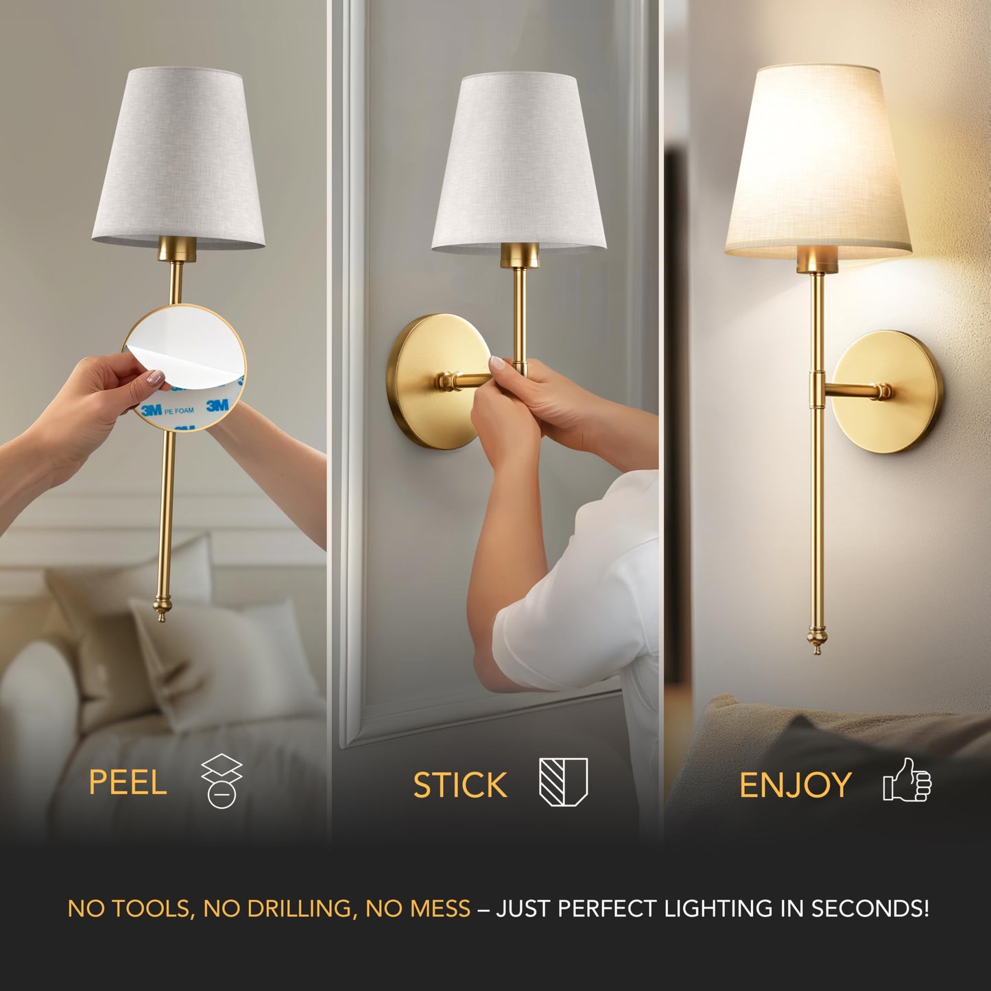 PRIDOLA Set of 2 Wireless Wall Sconces Peel & Stick with Adhesives for Easy Installation with Rechargeable LED Bulbs, Remote Controlled, Adjustable Brightness & Warmth, Living Room Wall Decor (Gold)