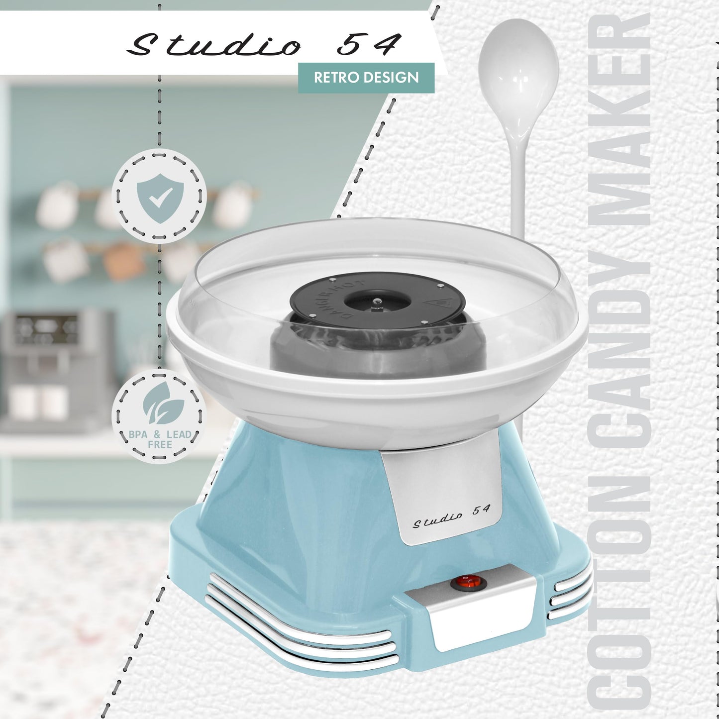 Studio 54 Retro Cotton Candy Machine with 5 Jars (11oz Each) Floss Sugar, 50 Paper Cones, Easy Cleanup Cotton Candy Maker, Durable Retro Design, Makes 20–30 Servings per Jar, BPA & Lead Free