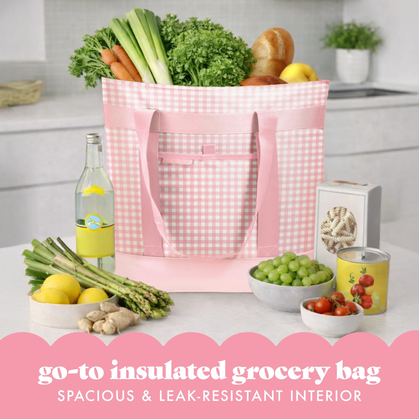 Fit & Fresh Insulated Grocery Tote Bag – Large Reusable Thermal Cooler Bag for Shopping, Food Delivery & Catering – Premium Leak Resistant Food Carrier, Foldable Soft Cooler, Pink Gingham