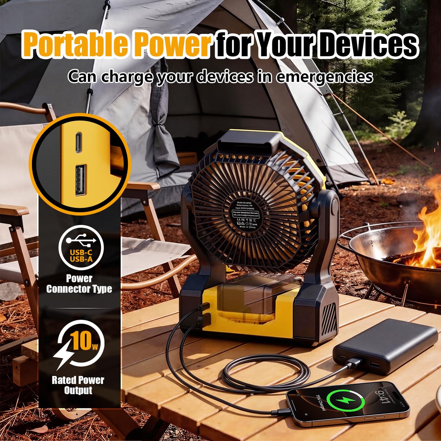Battery Operated Fan for Dewalt 20V Max Battery, 5.7m/s High Speed Rechargeable Portable Fan with USB Powered & 4 Speed & 2 Light for Camping, Workshop, Garage, Jobsite (Not Included Battery) - Yellow