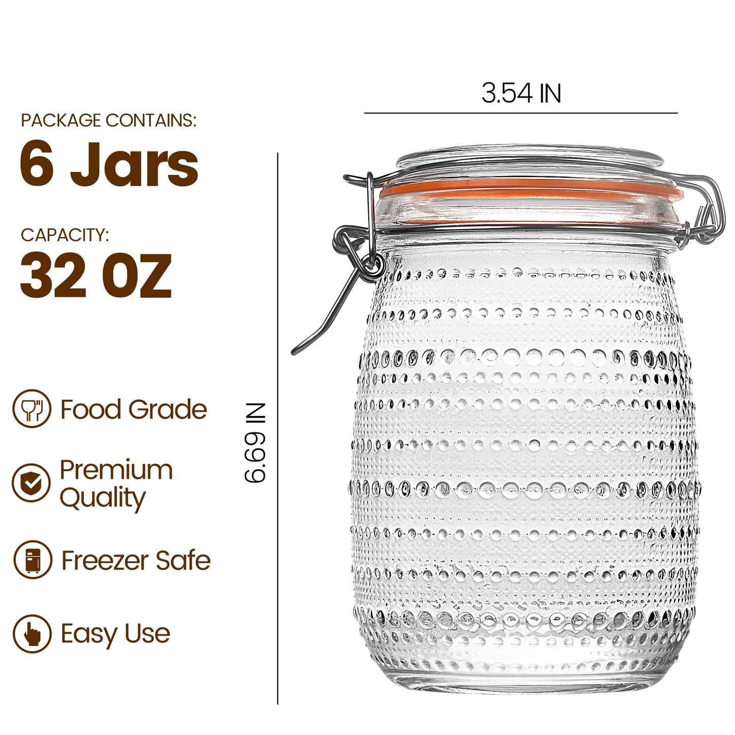 WACOI 32 Oz Glass Mason Jars with Airtight Lids 6 Pack, Wide Mouth Canning Jars with Clip Top Lids for Kitchen Storage Pickling Salad Jams Coffee Beans