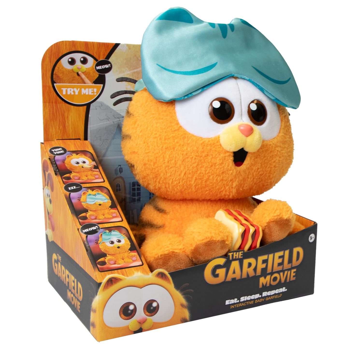 Animagic Baby Garfield Eat Sleep and Repeat 10'' (25cm) Plush | Includes Lasagna and Sleep Mask | Great for Garfield Fans | Ages 3+