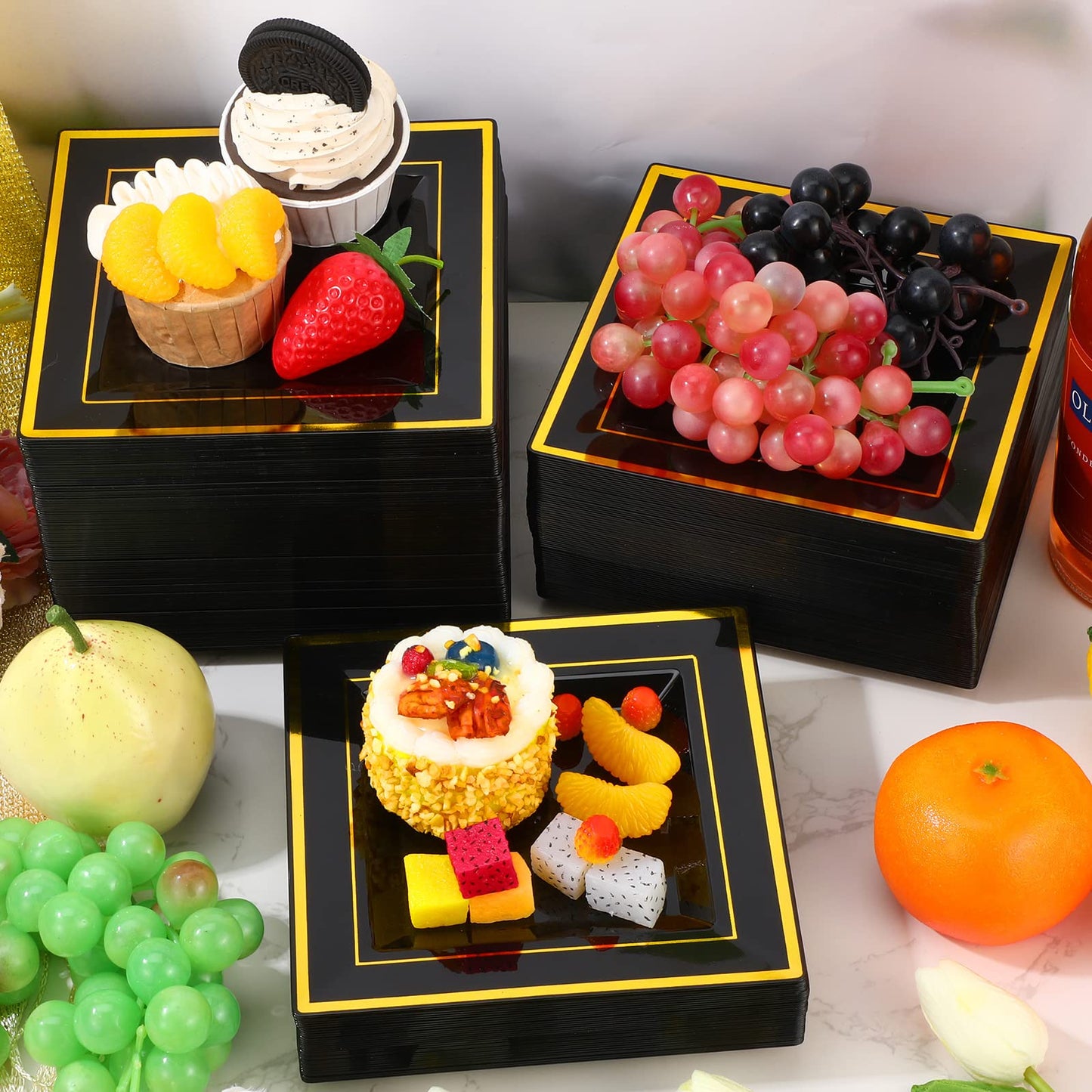 Gandeer 200 PCS Black and Gold Plastic Dessert Plates Square 6.5 Inch Disposable Appetizer Cake Salad Plates Silverware with Gold Rim for Wedding Birthday Anniversary Party