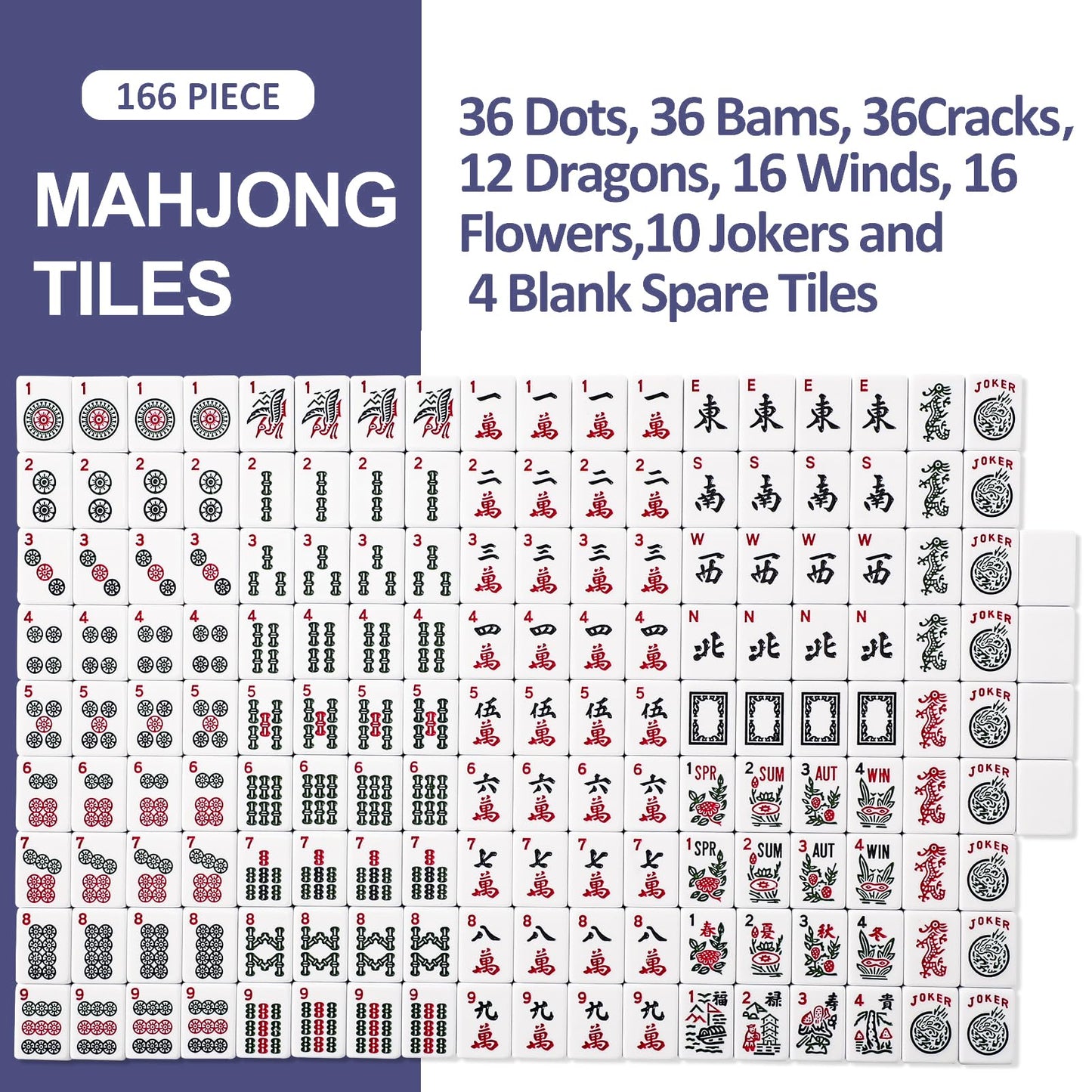 American Mahjong Game Set, 166 White Tiles, Blue Printed Bag with Entire Accessories, 4 All-in-One Rack/Pushers, Mahjong Tiles Set