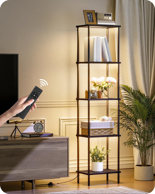 Display Shelf with Light, 5-Tier Shelf Lamp, Corner Floor Lamp with Shelves, Dimmable LED Floor Lamp for Living Room with Remote and Foot Control, 3CCT, Timer, Standing Lamp, Corner Bookshelf B52LD05