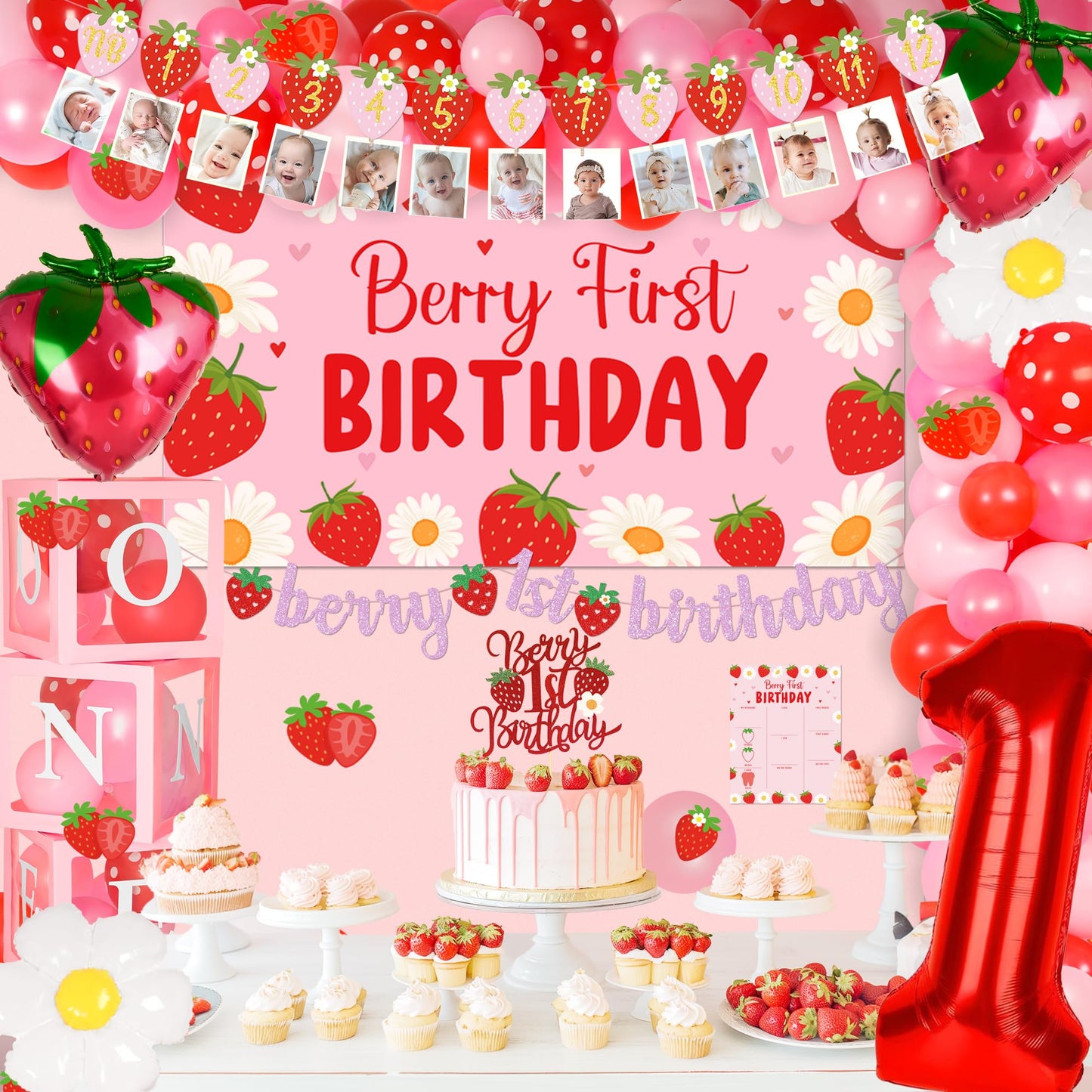 Kriyokiaa Berry First Birthday Decor Strawberry 1st Birthday Decorations for Girls, Sweet One Girls Birthday Party Supplies Strawberry Theme Backdrop Party Decor