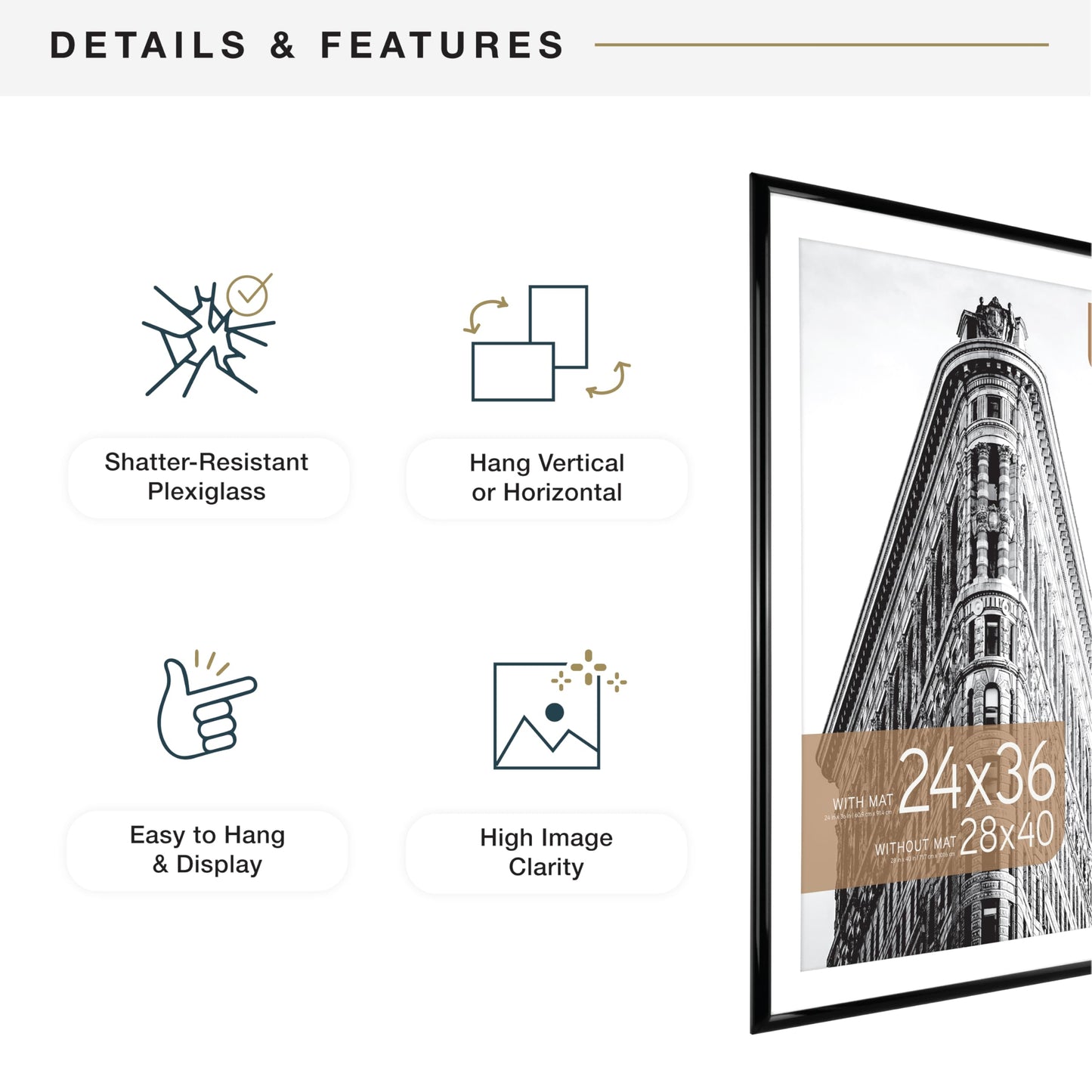 MCS Trendsetter 28x40 Poster Frame, Display Pictures 24x36 With Mat or 28x40 Without Mat, Vertical & Horizontal Wall Hanging Large Picture Frame for Photos & Posters, Black (1-Pack)