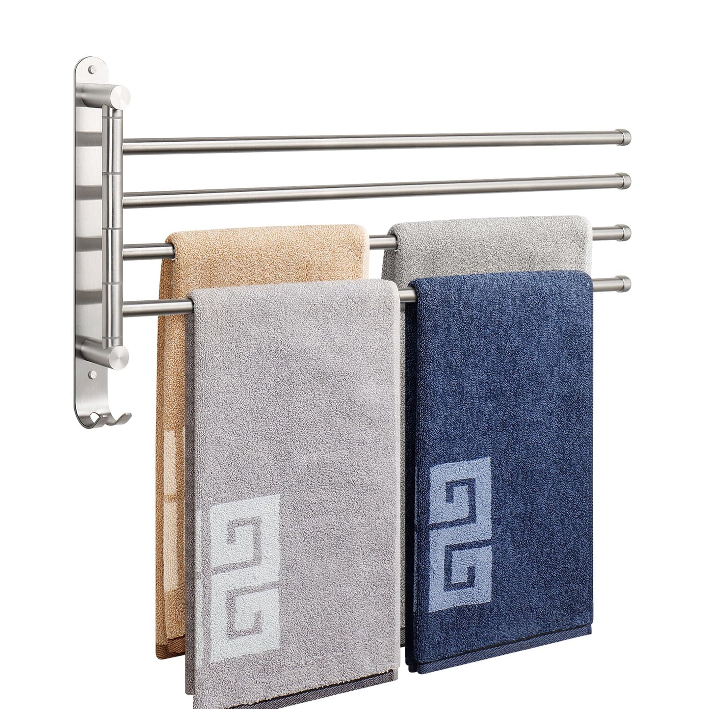 NearMoon Swivel Towel Rack, 19.5" Thicken 304 Stainless Steel 4-Arm Towel Bar, Space Saving Wall Mounted Towel Holder with Hook, Rustproof Swing Out Towel Hanger for Bathroom, Kitchen (Brushed Nickel)