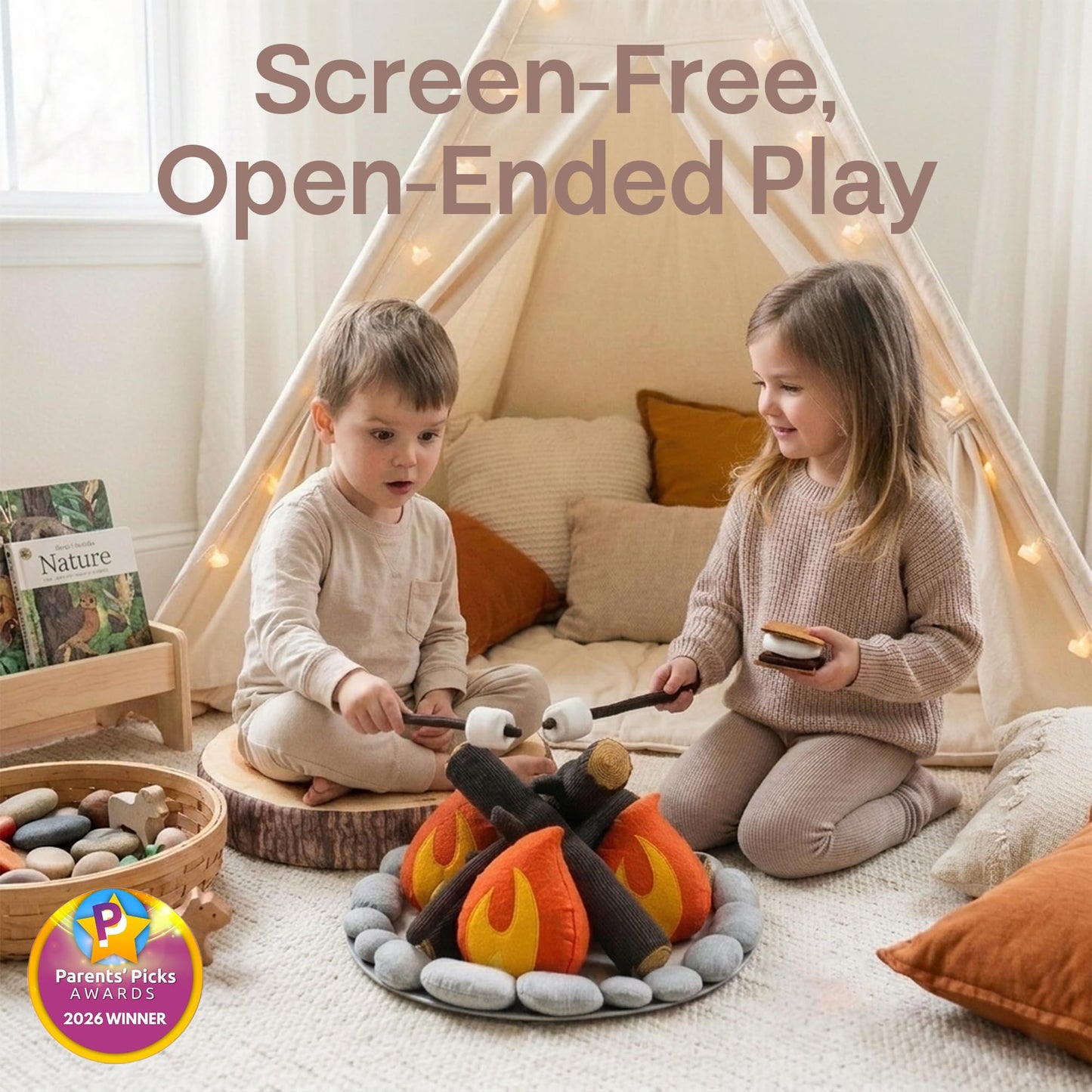 Pretend Campfire Set for Kids with S'Mores Kit & Wood Log Pillow. Soft, Safe & Durable Toy Campfire for Pretend Play & Sensory Play. Plush Felt Kids Campfire Playset for Age 3+