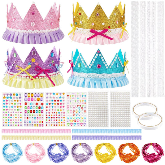 Dingion 37 Pcs DIY EVA Princess Crowns with Cotton Lace Trim Satin Ruffle Ribbons Pearl and Jewel Stickers Macaron Color DIY Crown Set for Girl Women Fancy Birthday Party and Craft Decorations