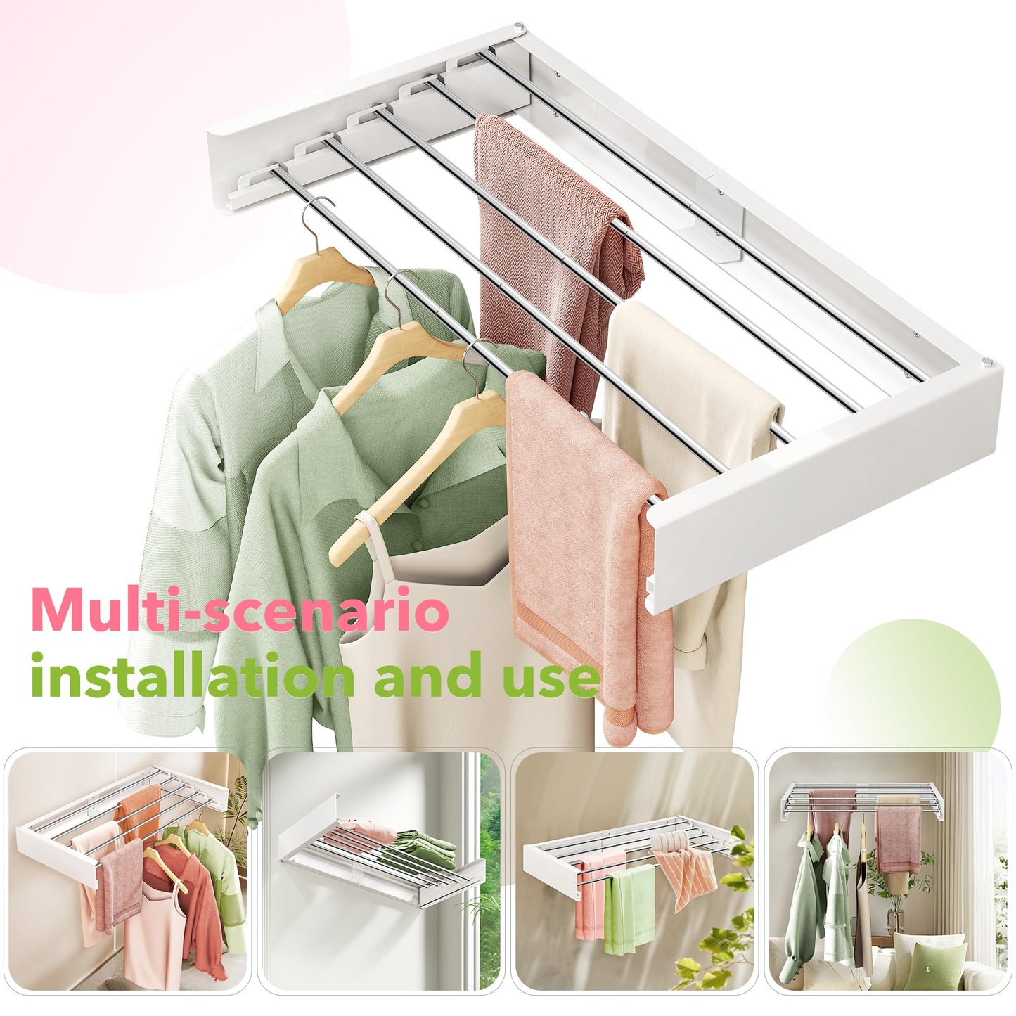 ZdwCyl Wall Mounted Drying Rack,32 inches,Foldbale, Clothes Drying Rack,Laundry Drying Rack Wall Mount,Drying Rack Clothing Space Saver,Retractable,Collapsible,Folding Laundry Rack,White