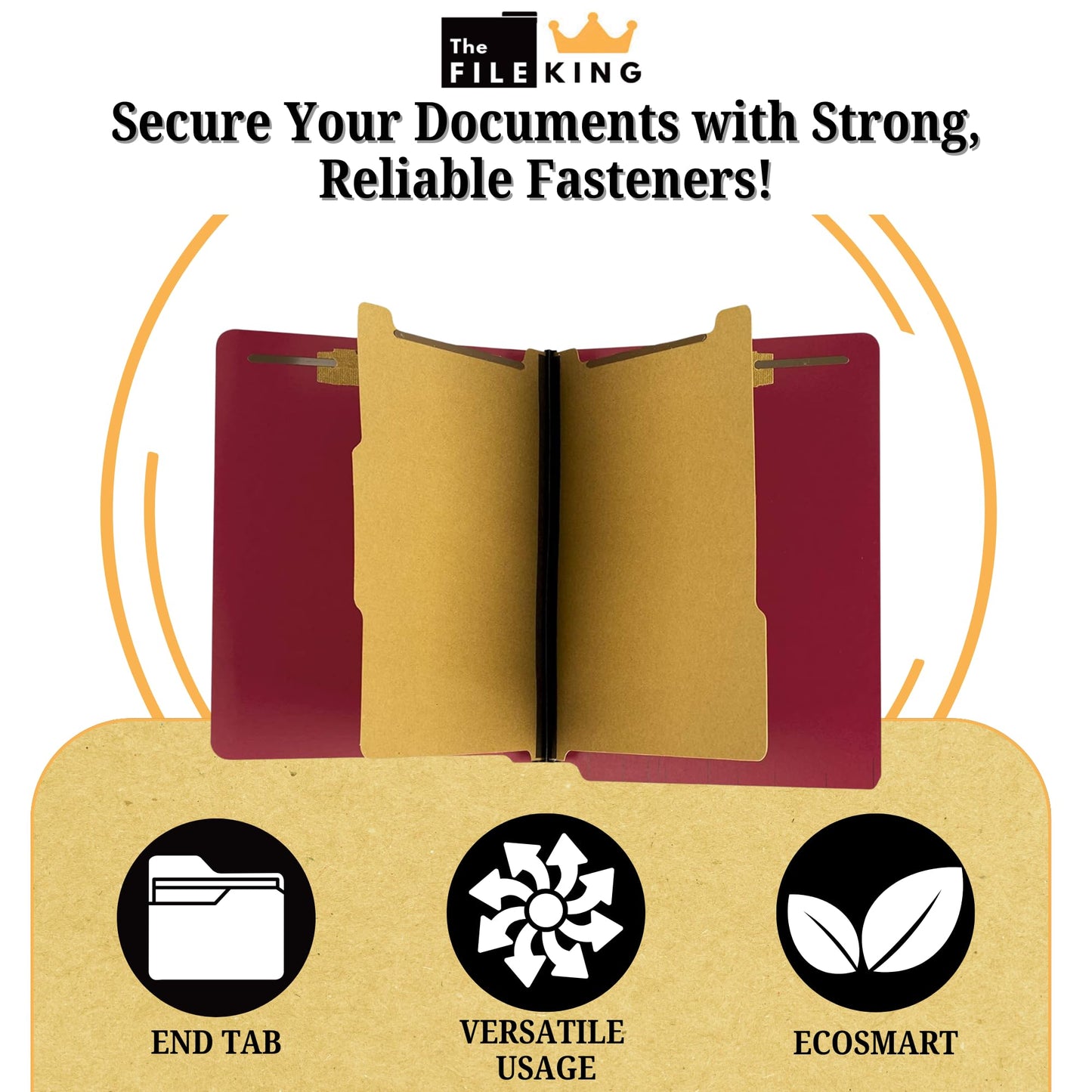 The File King Two Divider Pressboard Classification Red File Folder - Letter Size | Box of 10 | End Tab | 2” Expansion | Six 2-Inch Fastener Prongs | Made in America