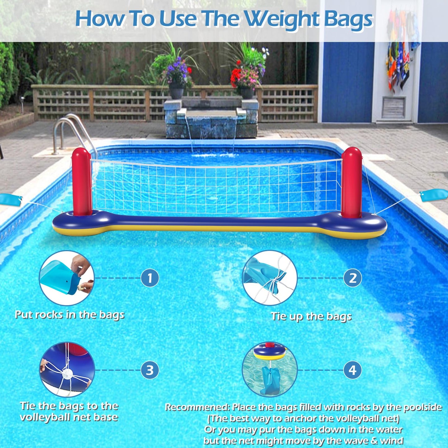Jasonwell Pool Toys Games Set - 3 in 1 Pool Volleyball Net Basketball Hoop Ring Toss Game Inflatable Floats Water Floating Volleyball Swimming Pools Games Party Gift for Kids Adults (Red&Blue, L)