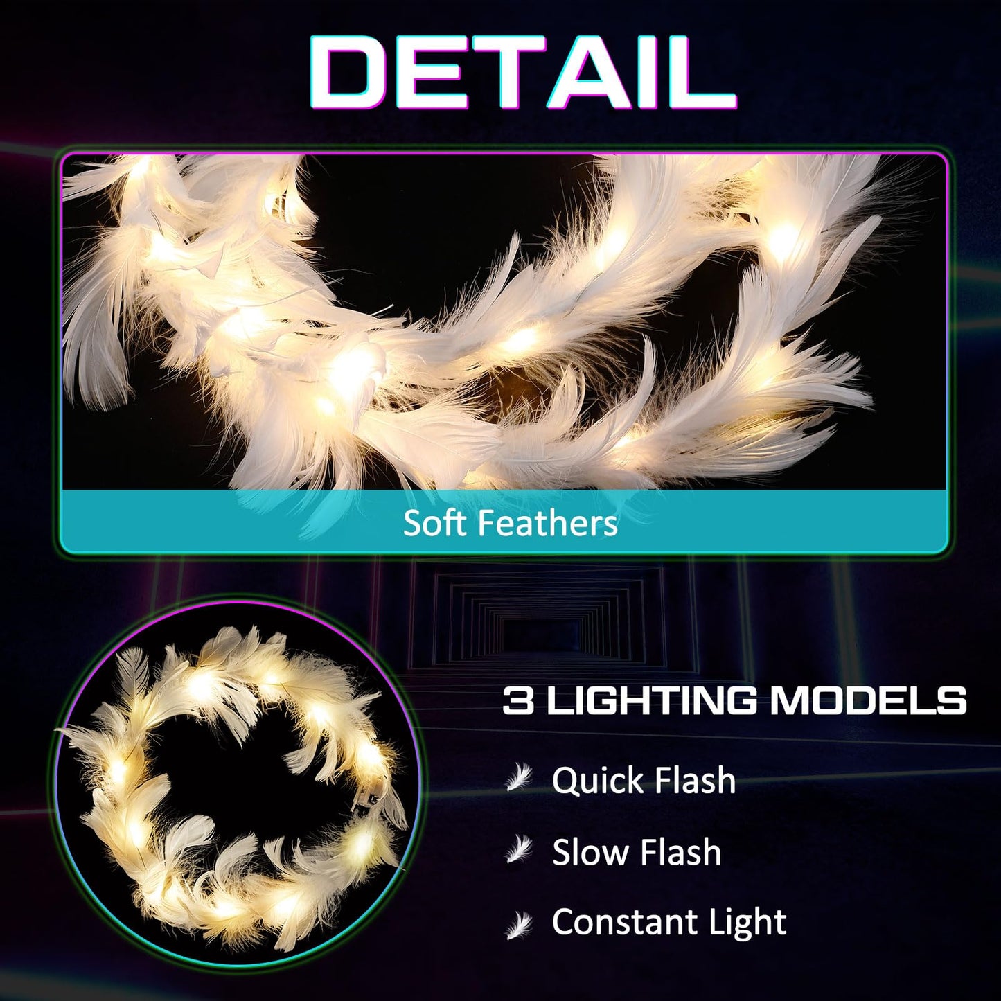Taiyin 50 Pieces LED Feather Crown Headbands - Luminous Flashing Hair Accessories, Adjustable Light up Wreath for Women (Warm White)