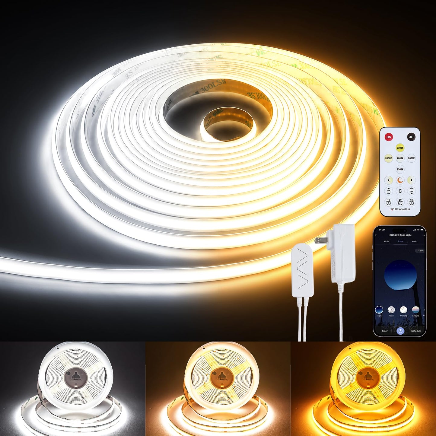 COB LED Strip Light 16.4ft, Dimmable 2300K-6500K White CCT Tunable, DC 24V Cuttable LED Tape Light, High Density 3040 LED 36W CRI 90, APP Remote Control, Music Mode, For Home DIY, Living Room, Bedroom