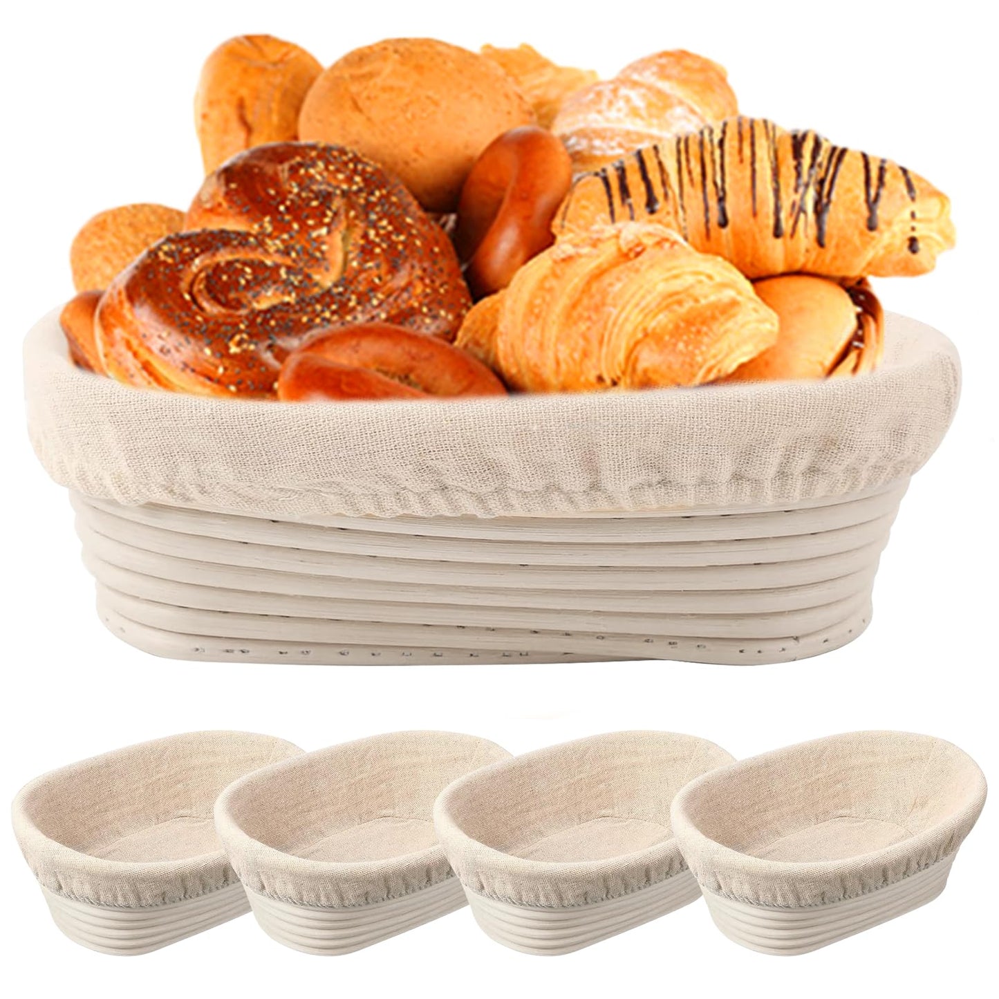 Nalcant 4 Pack Oval Banneton Proofing Basket Set 10 Inch, Natural Rattan Sourdough Bread Baskets with Linen Liners, Artisan Dough Rising Bowls for Home & Professional Bakers (10" Oval, Set of 4)