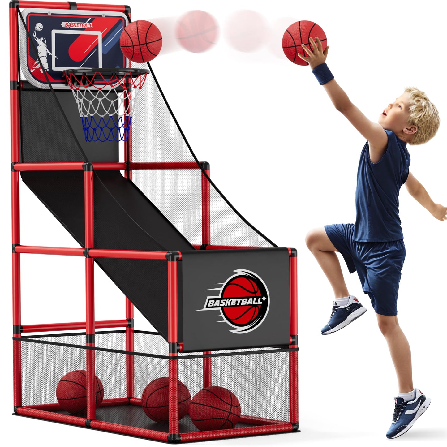HYES Basketball Arcade Game Indoor Outdoor, Kids Basketball Hoop with 4 Balls & Pump, Single Shot Basketball Game at Home, Carnival Games Sport Toys Gifts for Boys Girls Teens Ages 3-12 Years Old